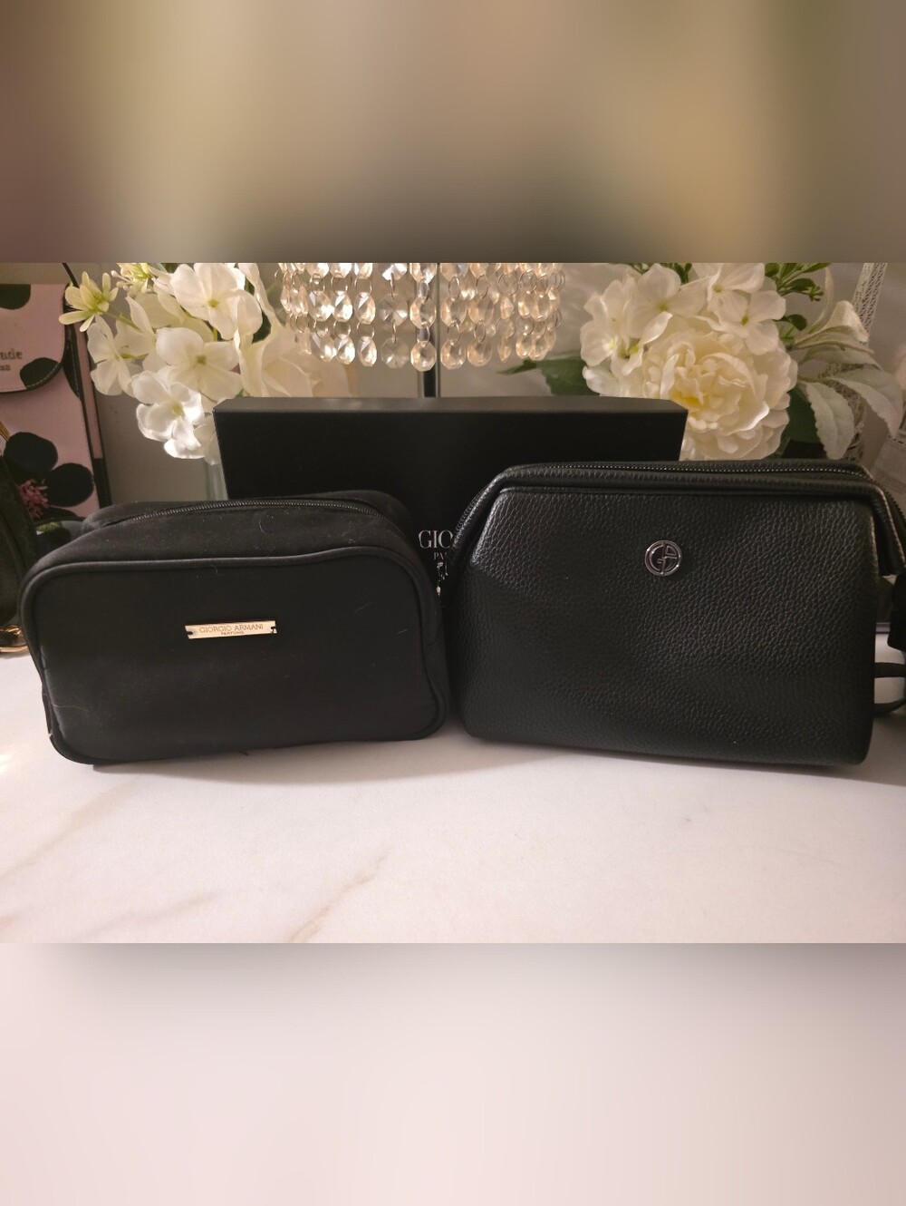 Giorgio Armani Black Leather Clutch And Make Up Bag